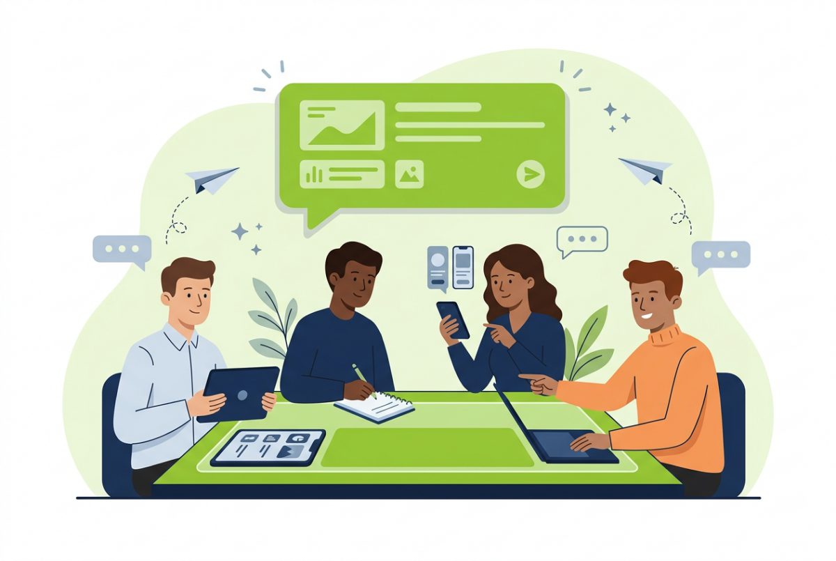 Une équipe prépare ensemble sa campagne de SMS autour d'une table
