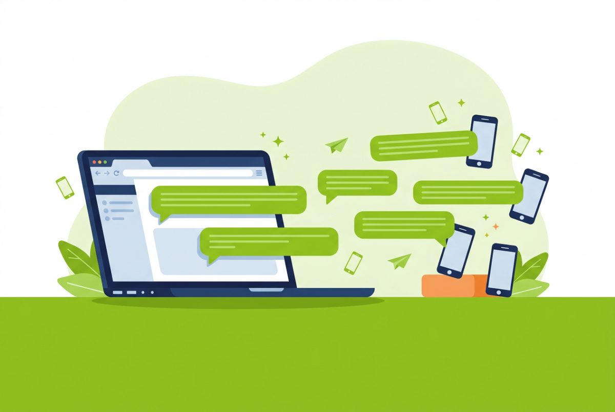 Des messages partent d'un navigateur web vers plusieurs téléphones mobiles