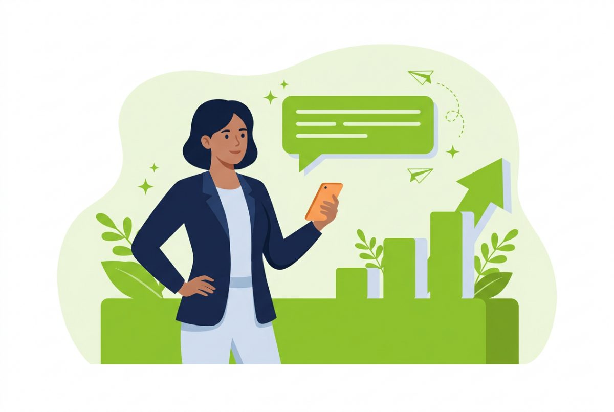 Une professionnelle envoie ses SMS depuis son smartphone, les résultats progressent